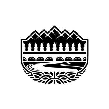 cresta presentando dentado montaña picos encima un línea de estilizado pino arboles y un multi arqueado puente terminado un devanado río con decorativo follaje a el fondo vector