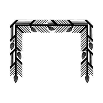 A symmetrical minimalist border featuring stylized pine cones and sharp angular geometric patterns forming an ornate frame vector