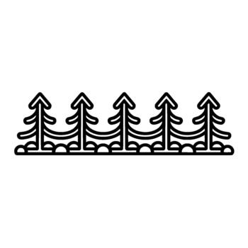 A stylized line art illustration depicting a row of five evergreen coniferous trees with textured bases and a clean geometric outline vector