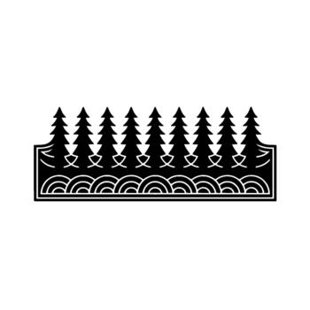 A decorative featuring a repeating pattern of stylized evergreen trees above a row of geometric wavelike shapes enclosed within a rectangular border vector