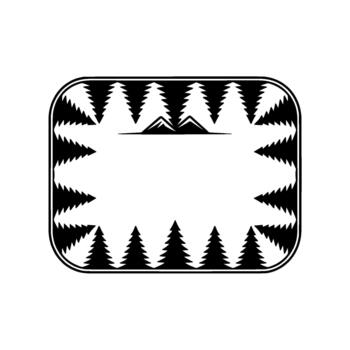 A minimalist or emblem featuring a stylized mountain range and surrounding pine trees within a rounded rectangle border vector