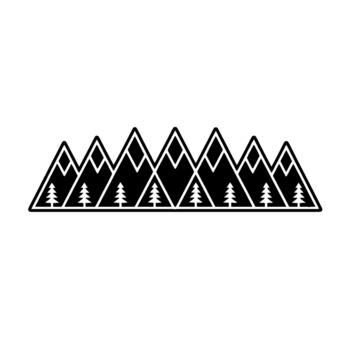 A minimalist abstract geometric illustration depicting a stylized mountain range with sharp peaks diamond shapes and a row of pine trees rendered in a clean outline vector