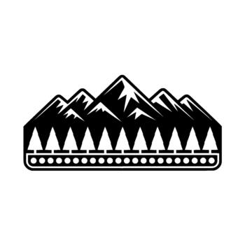A stylized illustration featuring a jagged mountain range silhouette with snow peaks above a row of stylized evergreen trees and a decorative dotted border vector