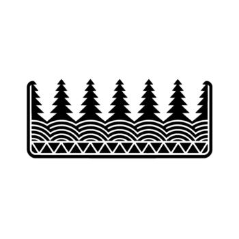 Geometric minimalist art depicting a stylized row of evergreen trees above undulating abstract waves and sharp triangles within a border vector