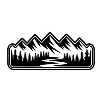 A striking silhouette emblem depicting a rugged mountain range with sharp peaks a winding river and a dense forest of evergreen trees framed within a rounded rectangular border vector