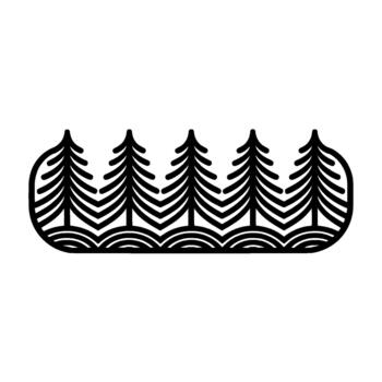 Minimalist line art illustration of a stylized evergreen forest with curved ground patterns and negative space vector