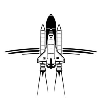 minimalist illustration of a space shuttle launching upwards with flames emanating from its rocket boosters vector