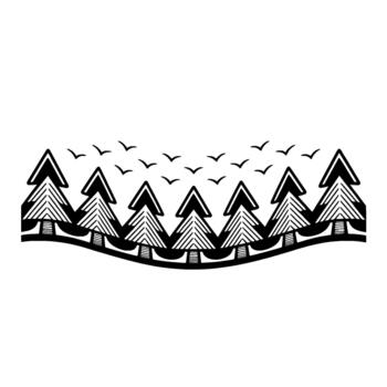 A stylized illustration of a row of coniferous trees with patterned branches above a curved line and a flock of small birds flying in the sky vector