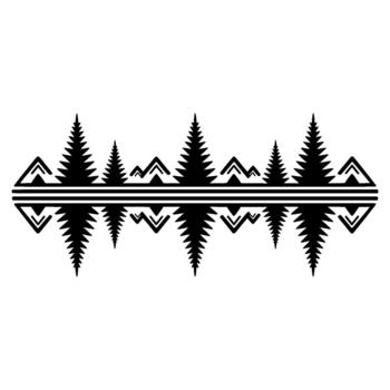 A striking geometric featuring a symmetrical pattern of stylized evergreen trees and mountain peaks reflecting vector