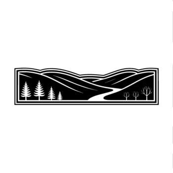 A stylized silhouette of a winding river flowing through rolling hills with scattered evergreen and bare trees enclosed in a decorative rectangular border vector