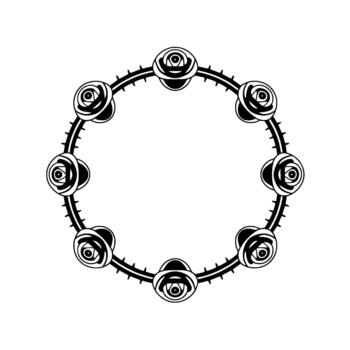 A striking illustration of a circular frame composed of stylized rose blossoms and sharp thorns vector