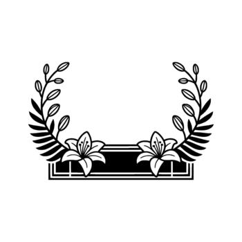 Elegant illustration of a symmetrical floral crest featuring two blooming lilies and decorative leafy branches framing a central rectangular banner element vector