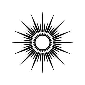 A striking minimalist illustration of a radiant sunburst or starburst emblem with sharp pointed rays emanating from a central circular void vector