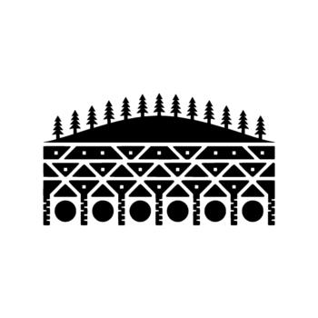 Stylized illustration of a stylized landscape featuring a hill with evergreen trees above a tiered geometric architectural structure with circular elements and repeating triangular patterns vector