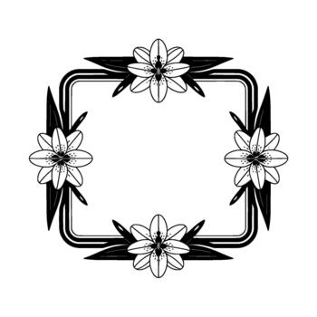 Elegant illustration of a decorative square frame adorned with stylized lily flowers and sharp leaves vector