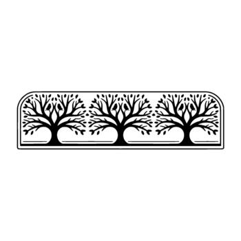A monochrome illustration showcasing a repeating pattern of three stylized silhouette trees with intricate branches and small birds perched upon them contained within a rounded rectangular fram vector