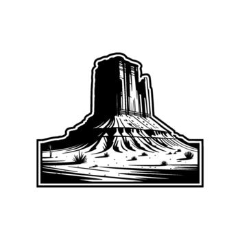 Striking illustration of a monolithic sandstone butte with layered rock formations and sparse desert vegetation vector