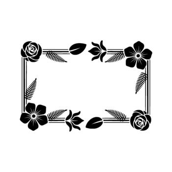 A decorative floral border featuring stylized roses ferns and other botanical elements framing a rectangular empty space vector