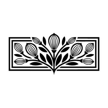 silueta estilizado botánico presentando simétrico desplegarse brotes y hojas dentro un rectangular marco vector