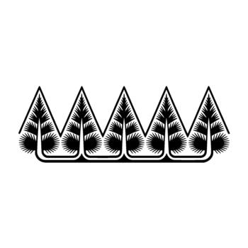 A stark illustration depicting a stylized crown composed of repeating triangular evergreen trees with radiating sunburst patterns at their base isolated vector