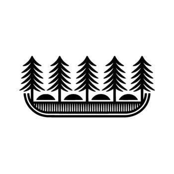 minimalista línea Arte representando un estilizado fila de cinco hojas perennes arboles con redondeado bases encima un barco me gusta estructura con rítmico paralelo líneas y pequeño arco formas vector