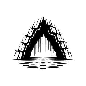 A stark abstract geometric silhouette of an ancient crumbling stone archway or portal with dripping effects and a reflective circular pattern below vector