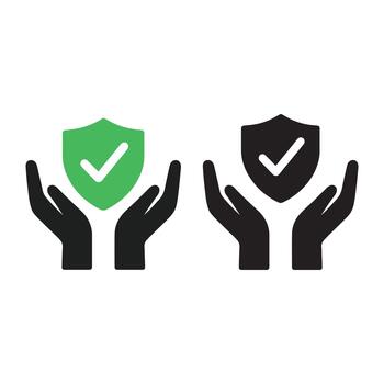 Protection Assurance Icon Set. Hands holding a shield with a checkmark in green and black variants for security, trust themes, and verified safety. vector