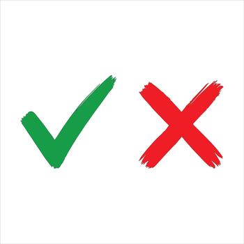 Correct and Incorrect Icon Set. Brushstroke green checkmark and red X symbols for approval, rejection, or evaluation interfaces. Clipart for decision making. vector