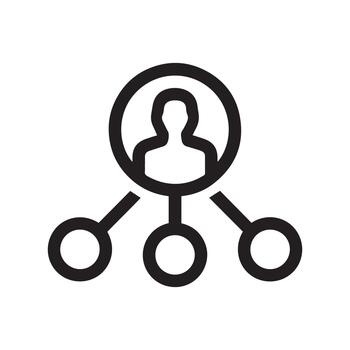 Minimalist Organizational Structure Icon. Black clipart of a person and connected nodes for leadership, management, and social network hierarchy. vector