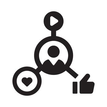 Social Media Engagement Icon. User avatar connected to heart, play button, and thumbs up symbols, representing online metrics and digital popularity. vector