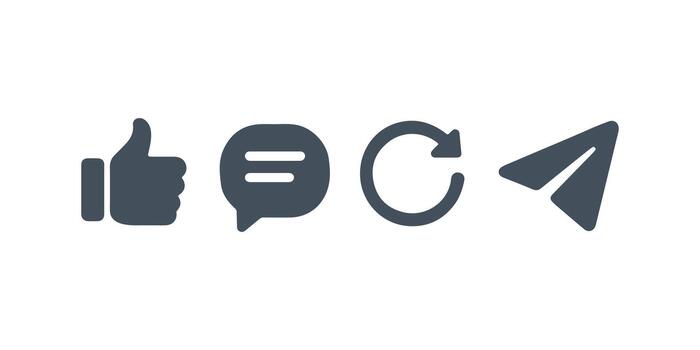 Social Interaction Icon Set. Thumbs up, comment bubble, repost arrow, and share symbols for messaging, engagement, and sharing interfaces. vector