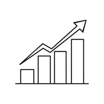 Business Growth Icon. Stylized bar chart with an upward zigzag arrow representing financial progress, performance metrics, and economic improvement. vector