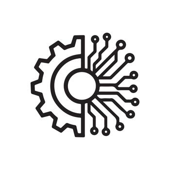 Industry 4.0 Icon. Minimalist gear and circuit symbol representing mechanical and digital integration, technology, automation, and smart manufacturing. vector