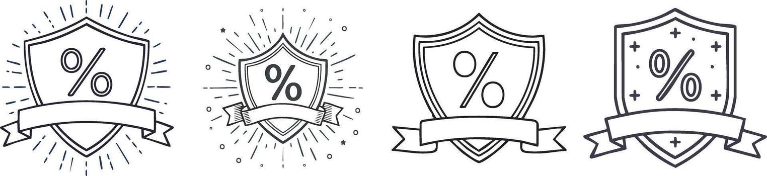 Shield badge with ribbon banner symbol rendered in clean thin outline for promotion and branding themed graphics vector