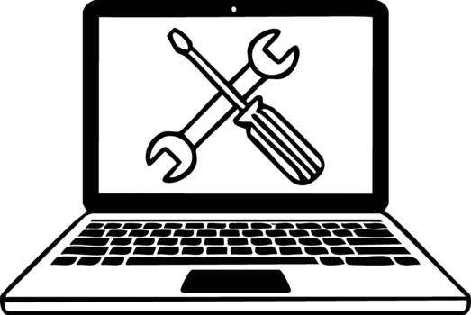 Service tools icon combining screwdriver and spanner on laptop screen portrayed in modern monoline tech style vector