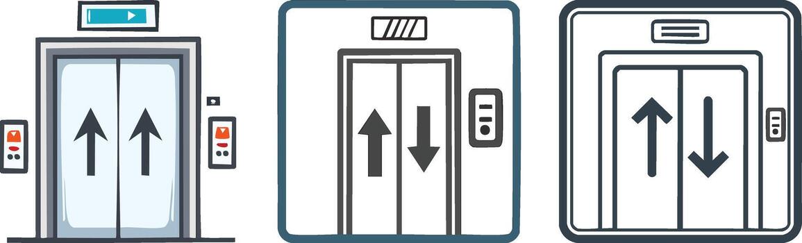 Minimal elevator icon showing square frame with bold upward downward arrows in simple modern line art vector