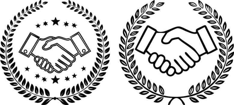 Respectful gesture handshake icon framed with subtle laurel wreath created in refined minimal line illustration vector