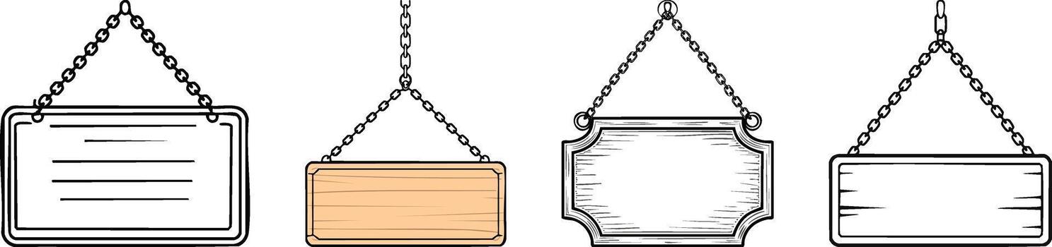 Hanging shop sign board icon with chain illustrated using bold black lines creating simple storefront graphic vector