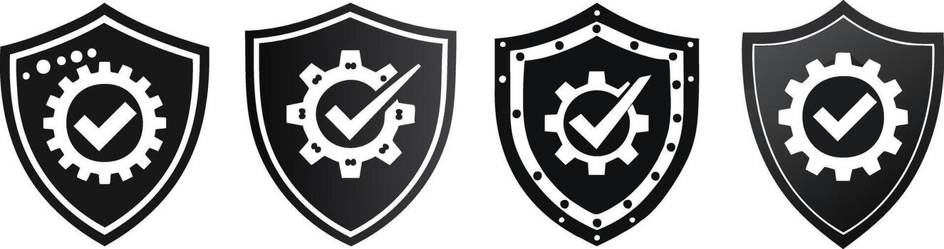 Security patch shield icon combining gear and check mark expressing safe reliable system update design vector
