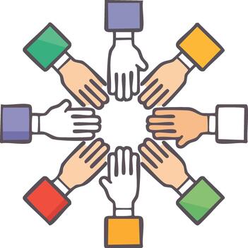 Hands joining in circular formation symbolizing unity teamwork collaboration in bold modern minimal line illustration vector