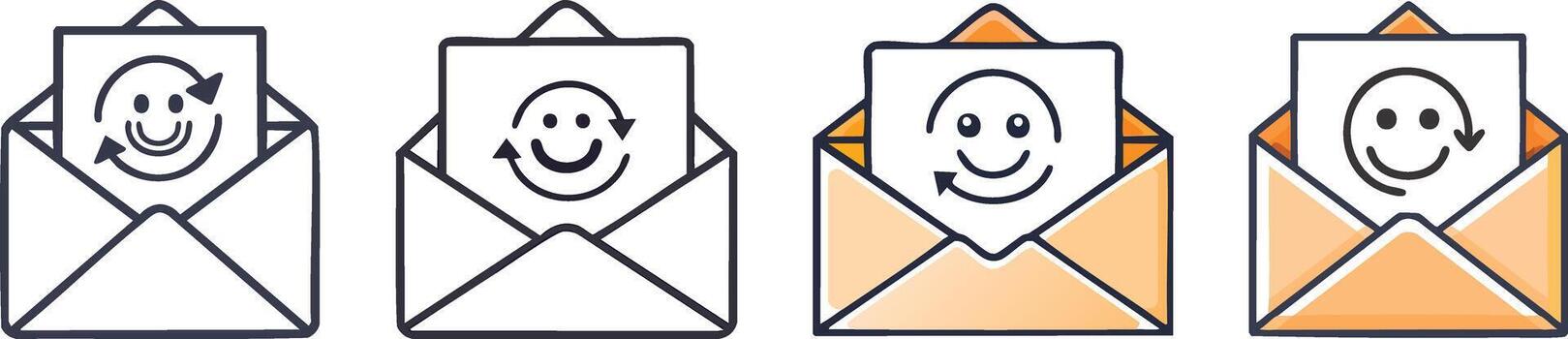 Envelope icon with reply arrow and small smile mark conveying friendly clear communication in simple thin outline vector