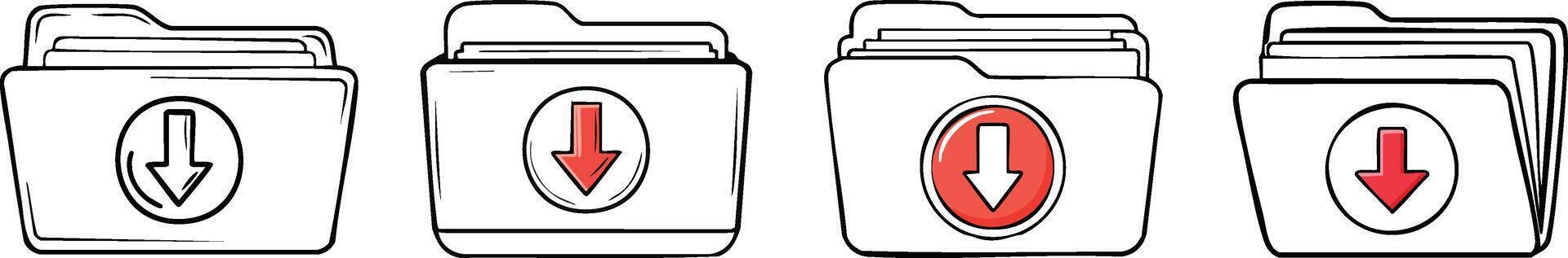 Folder icon with downward arrow representing file download storage management concept in clean simple line artwork vector