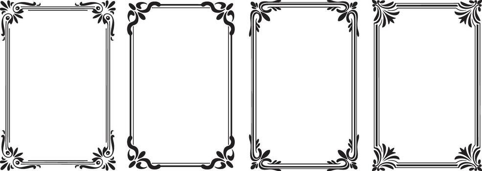 Set of four decorative black scrollwork rectangular frames with ornate corners on transparent vector