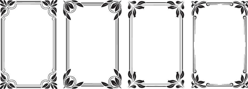 Set of four elegant floral swirl rectangular frames with leafy accents on transparent background vector