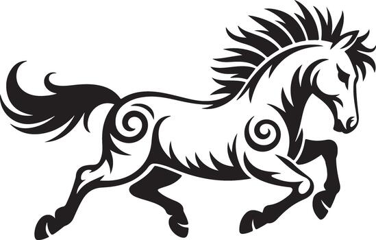 Dynamic running horse with tribal patterns and flowing mane in powerful artistic style illustration vector