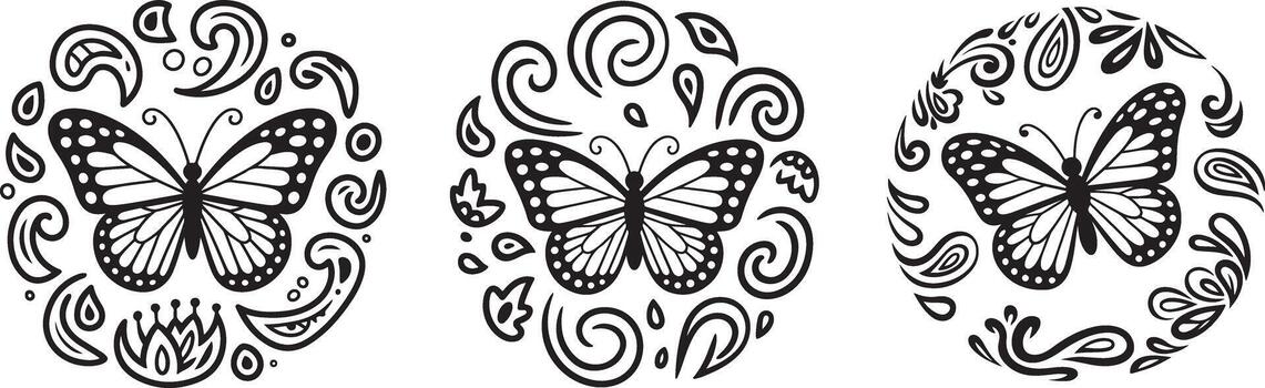 conjunto de Tres mariposa ilustraciones con delicado remolinos y cachemir elementos dentro redondo marcos vector