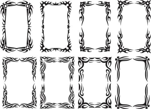 Set of eight tribal style black decorative rectangular frames on transparent background vector