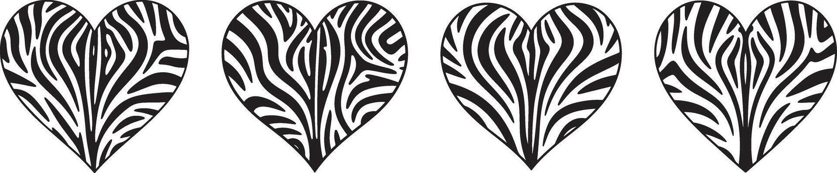 cuatro estilizado corazón formas presentando sorprendentes negro y blanco cebra raya patrones vector