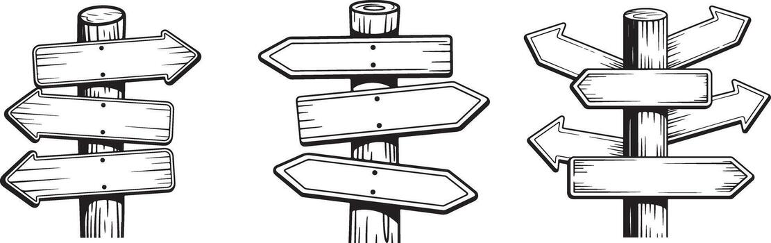 colección de de madera señales con múltiple blanco flechas para varios direcciones y mensajes vector