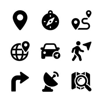 Simple Glyph Navigation and Direction Icons Set for Travel Application Interface vector